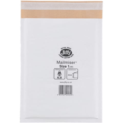 Jiffy Mailmiser Protective Envelopes Bubble-lined Size 1 P&S 170x245mm White Ref JMM-WH-1 [Pack 100]