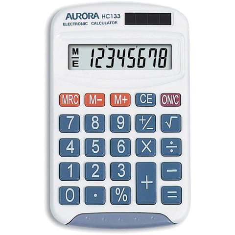 Aurora Handheld Calculator 8 Digit 3 Key Memory Solar and Battery Power 70x15x115mm White Ref HC133