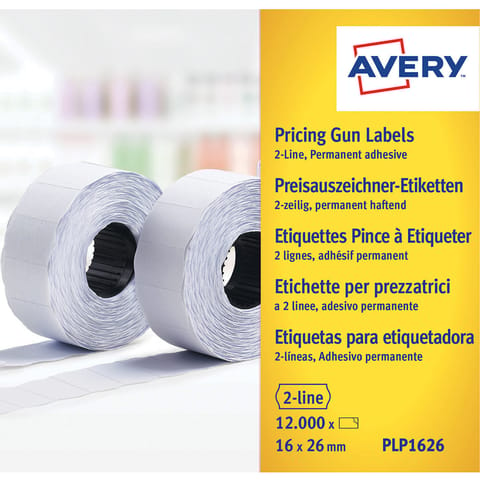 Avery Labels for Labelling Gun 2-Line Removable White 16x26mm 1200 per Roll Ref PLR1626 [Pack 10]