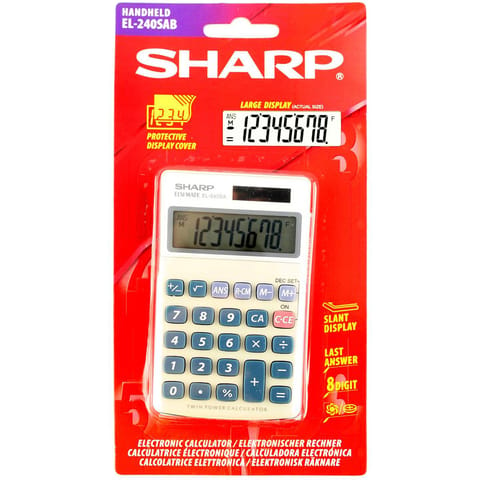 Sharp Handheld Calculator 8 Digit 3 Key Memory Solar and Battery Power 71x17x116mm Silver Ref EL240SAB