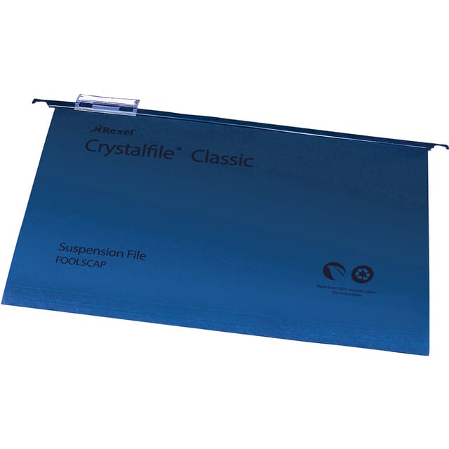 Rexel Crystalfile Classic Suspension File Manilla V-base Foolscap Blue Ref 78143 [Pack 50]