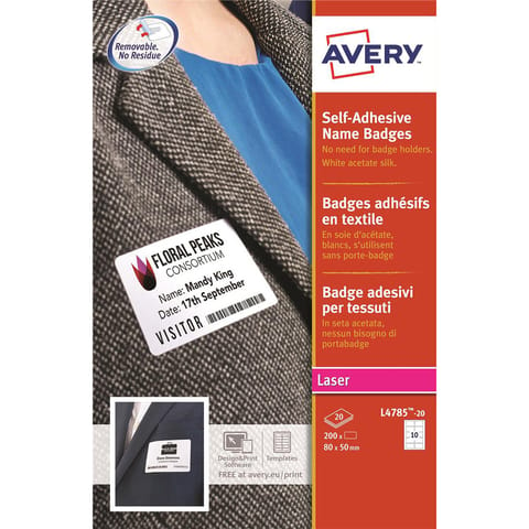 Avery Name Badge Labels Laser Self-adhesive 80x50mm White Ref L4785-20 [200 Labels]