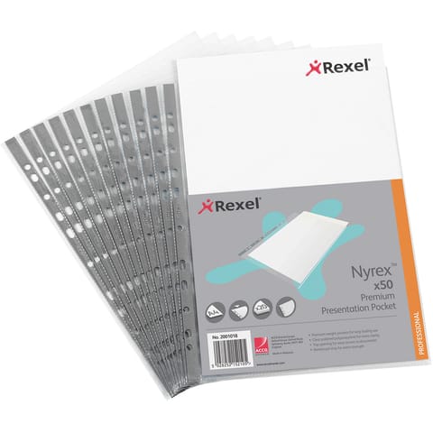 Rexel Nyrex Premium Presentation Pockets Top-opening 90 Micron A4 Glass Clear Ref 2001018 [Pack 50]