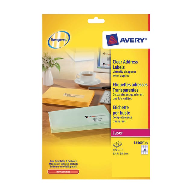Avery Addressing Labels Laser 21 per Sheet 63.5x38.1mm Clear Ref L7560-25 [525 Labels]