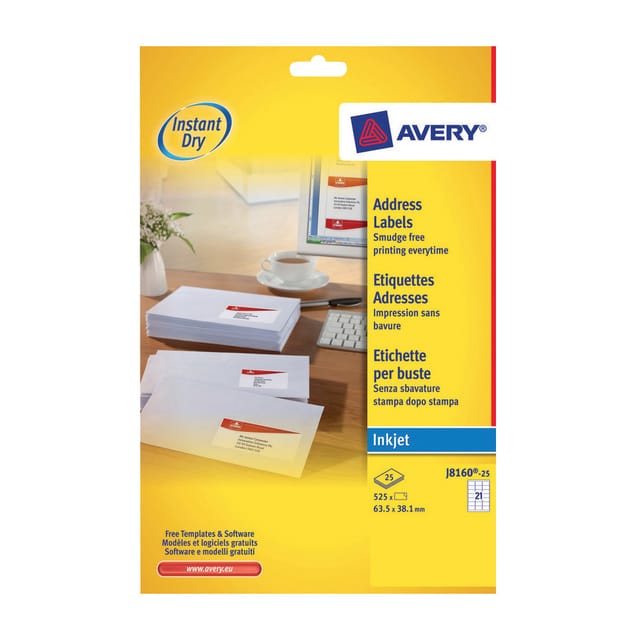 Avery Quick DRY Addressing Labels Inkjet 21 per Sheet 63.5x38.1mm White Ref J8160-25 [525 Labels]