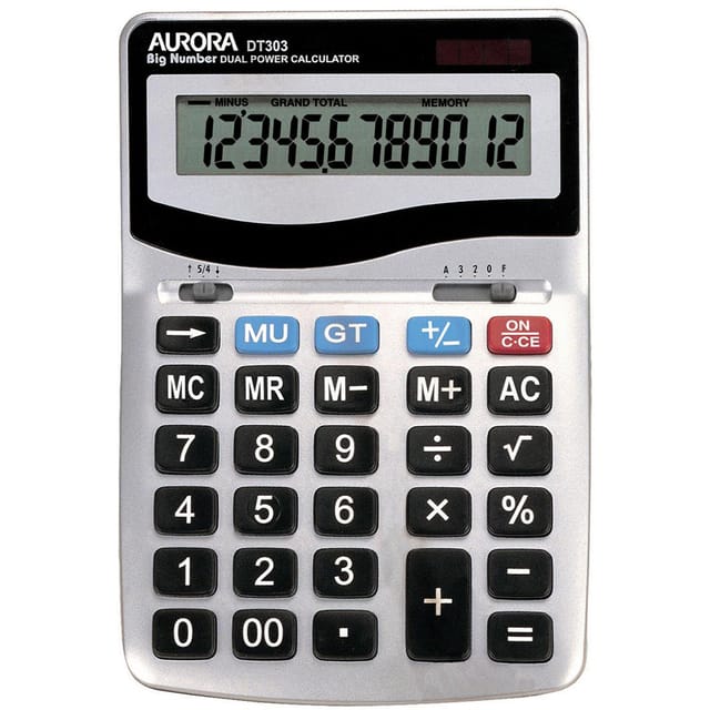 Aurora Desktop Calculator 12 Digit 4 Key Memory Battery/Solar Power 133x35x198mm Silver Ref DT303