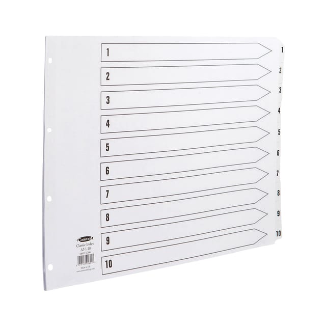 Concord Classic Index 1-10 Mylar-reinforced Punched 4 Holes150gsm A3 Landscape White Ref CS46
