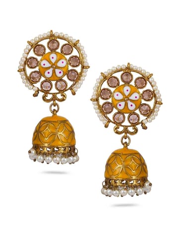 Enamelled Jhumka Earrings with Pearl Hanging in Oxidised Gold Finish - CNB463