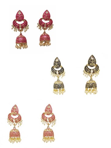 Reverse AD Jhumka Earrings in Rani Pink, Gajari, Black color - CNB4401