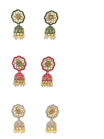 Reverse AD Jhumka Earrings in Rani Pink, Green, Grey color - CNB4436
