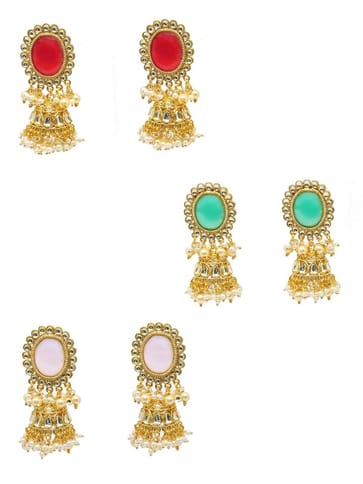 Kundan Jhumka Earrings in Pink, Red, Mint color - CNB4442