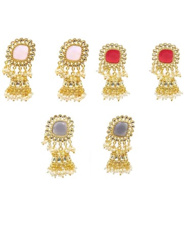 Kundan Jhumka Earrings in Grey, Red, Pink color - CNB4445