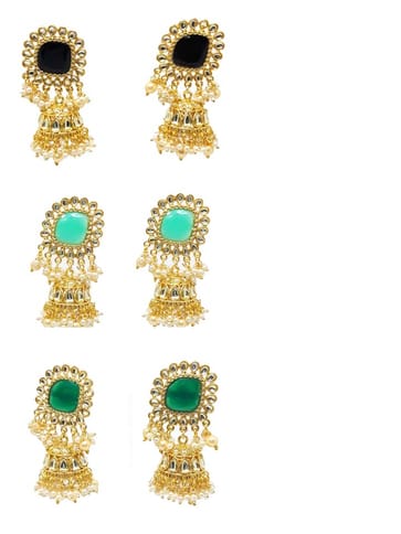 Kundan Jhumka Earrings in Green, Mint, Black color - CNB4447