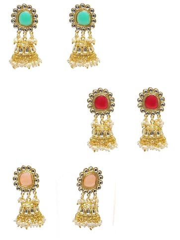 Kundan Jhumka Earrings in Mint, Red, Peach color and Gold finish - CNB3612