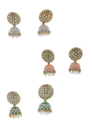 Kundan Jhumka Earrings in Gajari, Grey, Green color - CNB4323