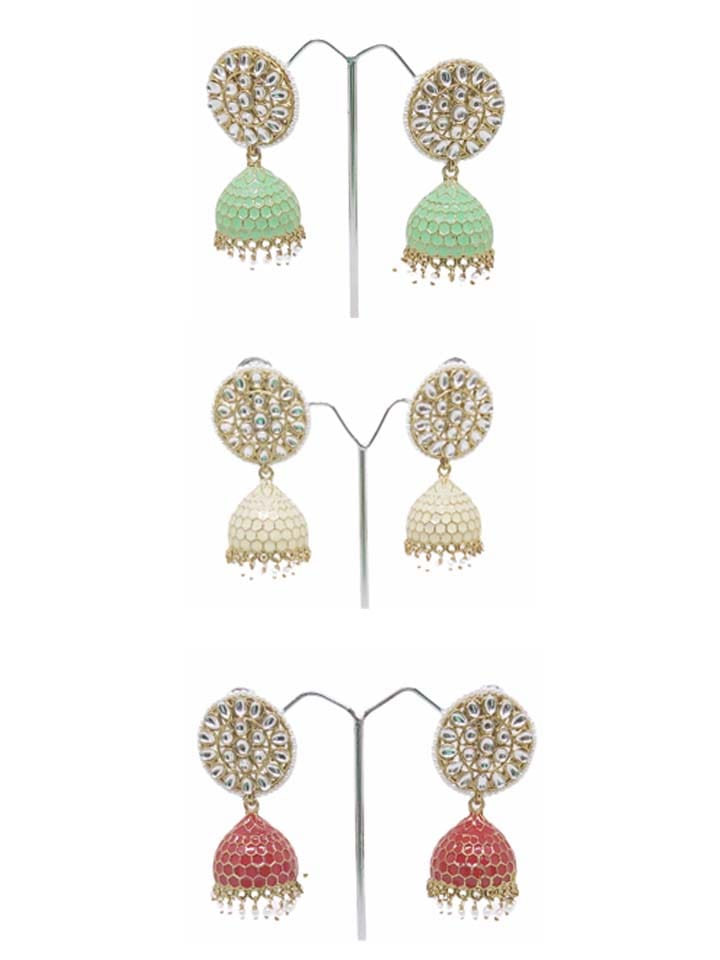 Kundan Jhumka Earrings in Green, Maroon, Beige color - CNB4343