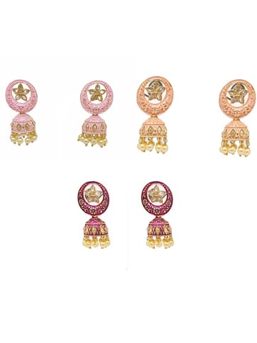 Reverse AD Jhumka Earrings in Peach, Pink, Ruby color - CNB4379