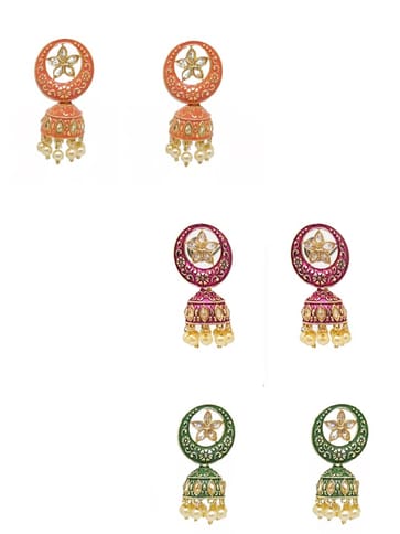 Reverse AD Jhumka Earrings in Green, Orange, Ruby color - CNB4381