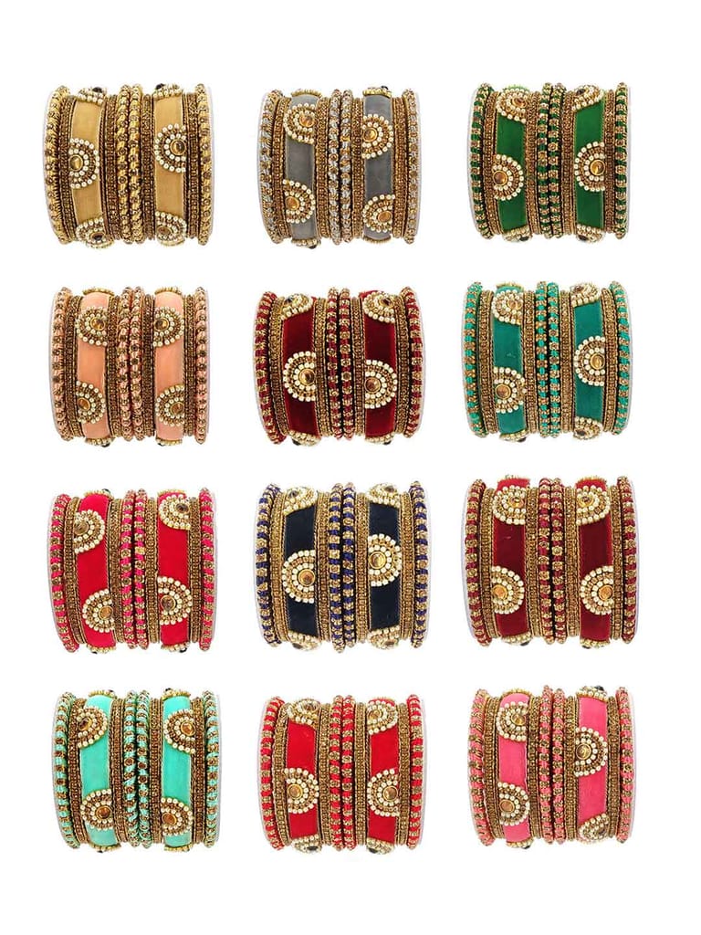 Velvet Chuda Bangles in assorted colors and Pack of 12 - CNB3420