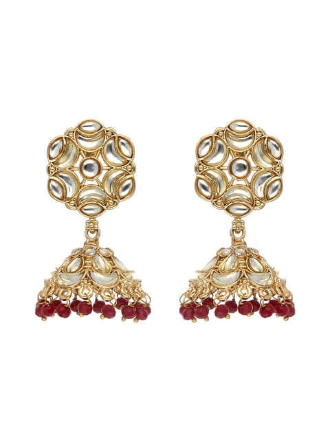 Kundan Jhumka Earrings in Ruby, White, Peach color and Gold finish - CNB3512