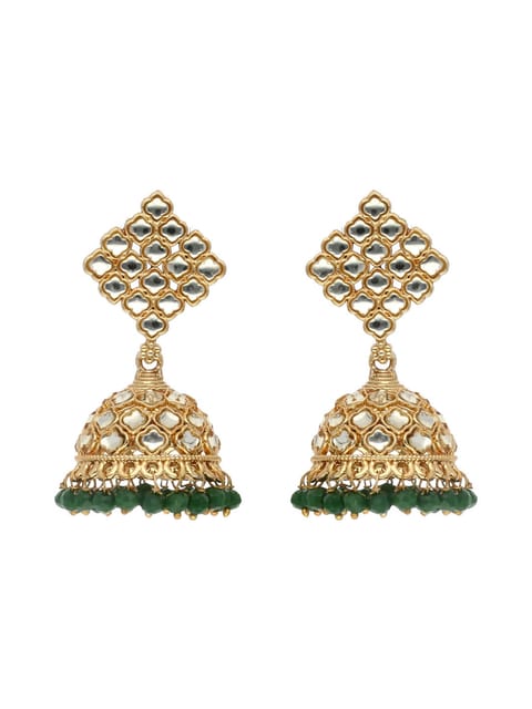 Kundan Jhumka Earrings in Green, Peach, White color - CNB3521