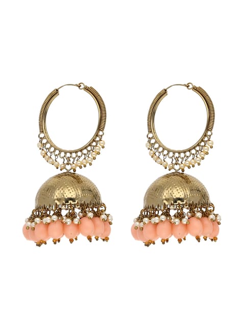 Antique Jhumka Earrings in Mint, Red, Peach color and Gold finish - CNB3542