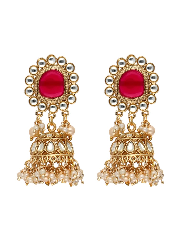 Kundan Jhumka Earrings in Mint, Rani Pink color and Gold finish - CNB3613