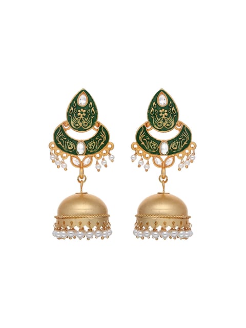 Reverse AD Jhumka Earrings in Green, Ruby, Beige color - CNB4348