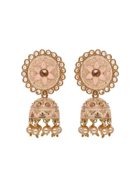 Reverse AD Jhumka Earrings in Green, Peach, Ruby color - CNB4367
