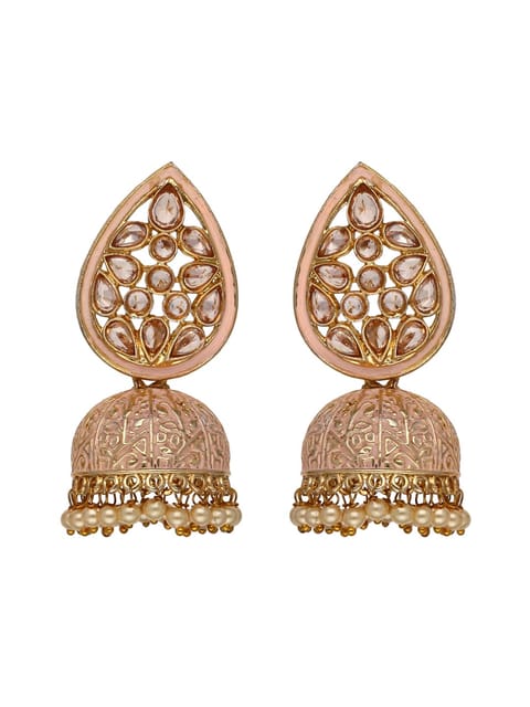 Reverse AD Jhumka Earrings in Grey, Peach, Red color - CNB4415