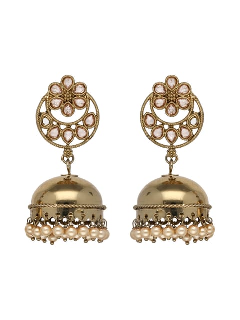 Reverse AD Jhumka Earrings in White color and Gold finish - CNB4466