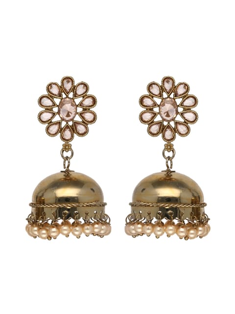 Reverse AD Jhumka Earrings in White color and Gold finish - CNB4467