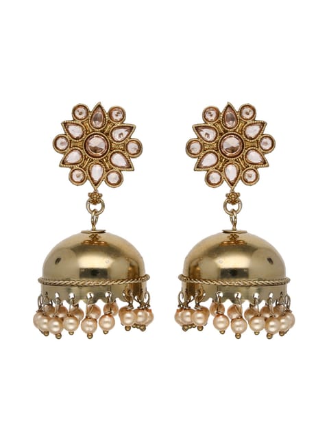 Reverse AD Jhumka Earrings in White color and Gold finish - CNB4470