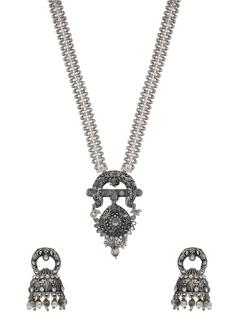 Mirror Long Necklace Set in Oxidised Silver finish - PRT8085