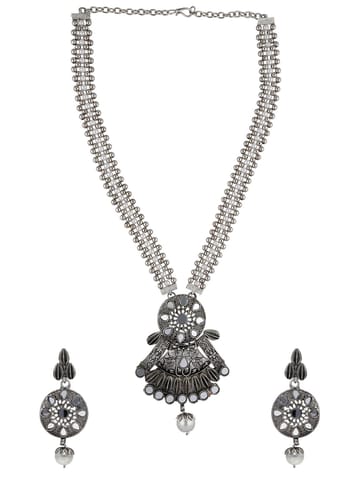 Mirror Long Necklace Set in Oxidised Silver finish - PRT8080
