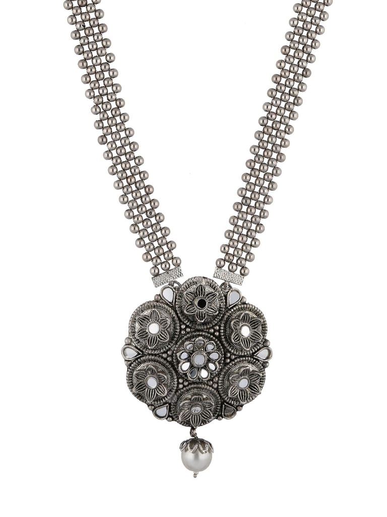 Mirror Long Necklace Set in Oxidised Silver finish - PRT8084
