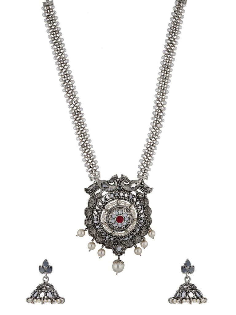 Mirror Long Necklace Set in Oxidised Silver finish - PRT8079
