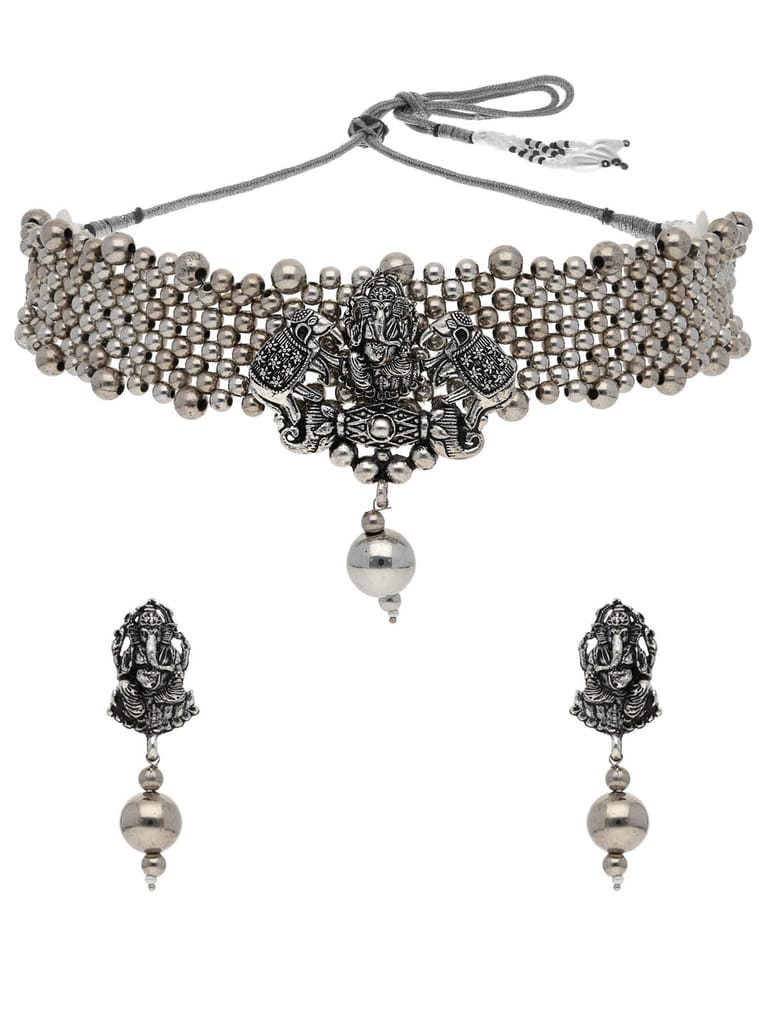Temple Choker Necklace Set in Silver color - PRT2596