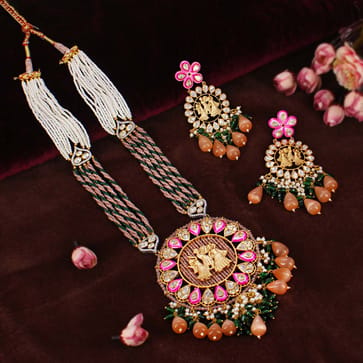 AD / CZ with Kundan Long Necklace Set in Two Tone finish - CNB30760