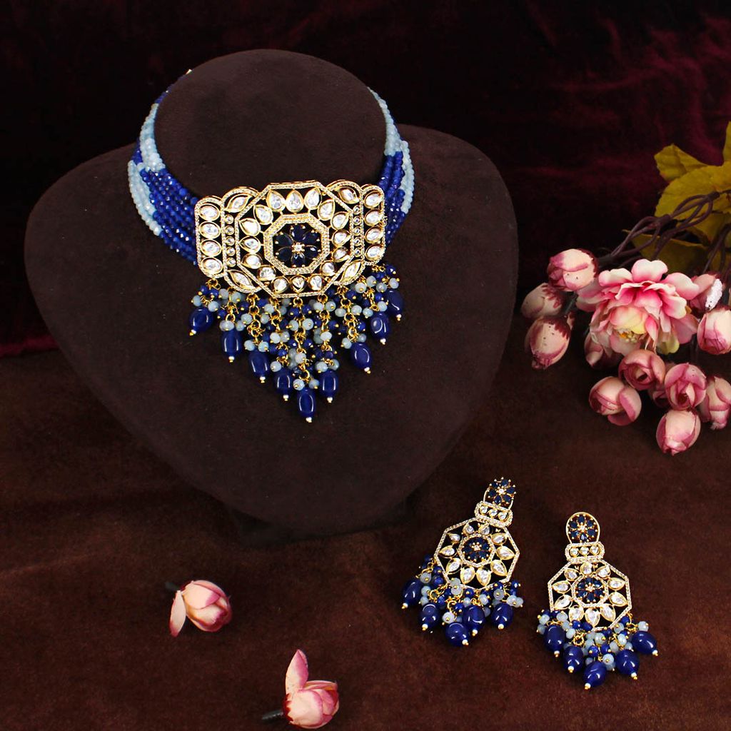 AD / CZ with Kundan Choker Necklace Set in Gold finish - CNB30763