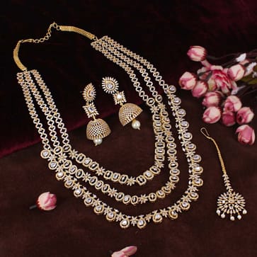 AD / CZ Long Necklace Set in Gold finish - CNB30761