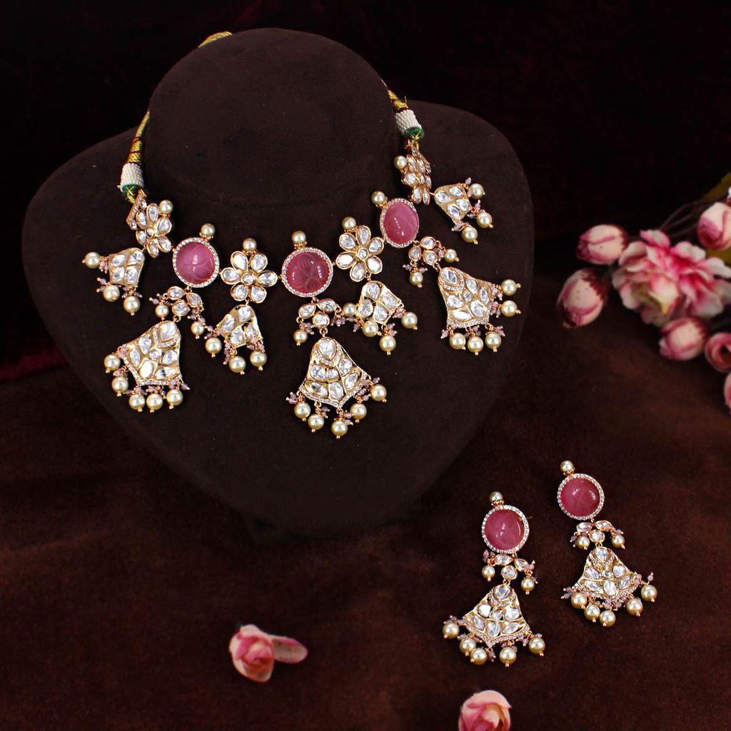 AD / CZ with Kundan Necklace Set in Rose Gold finish - HEL3722