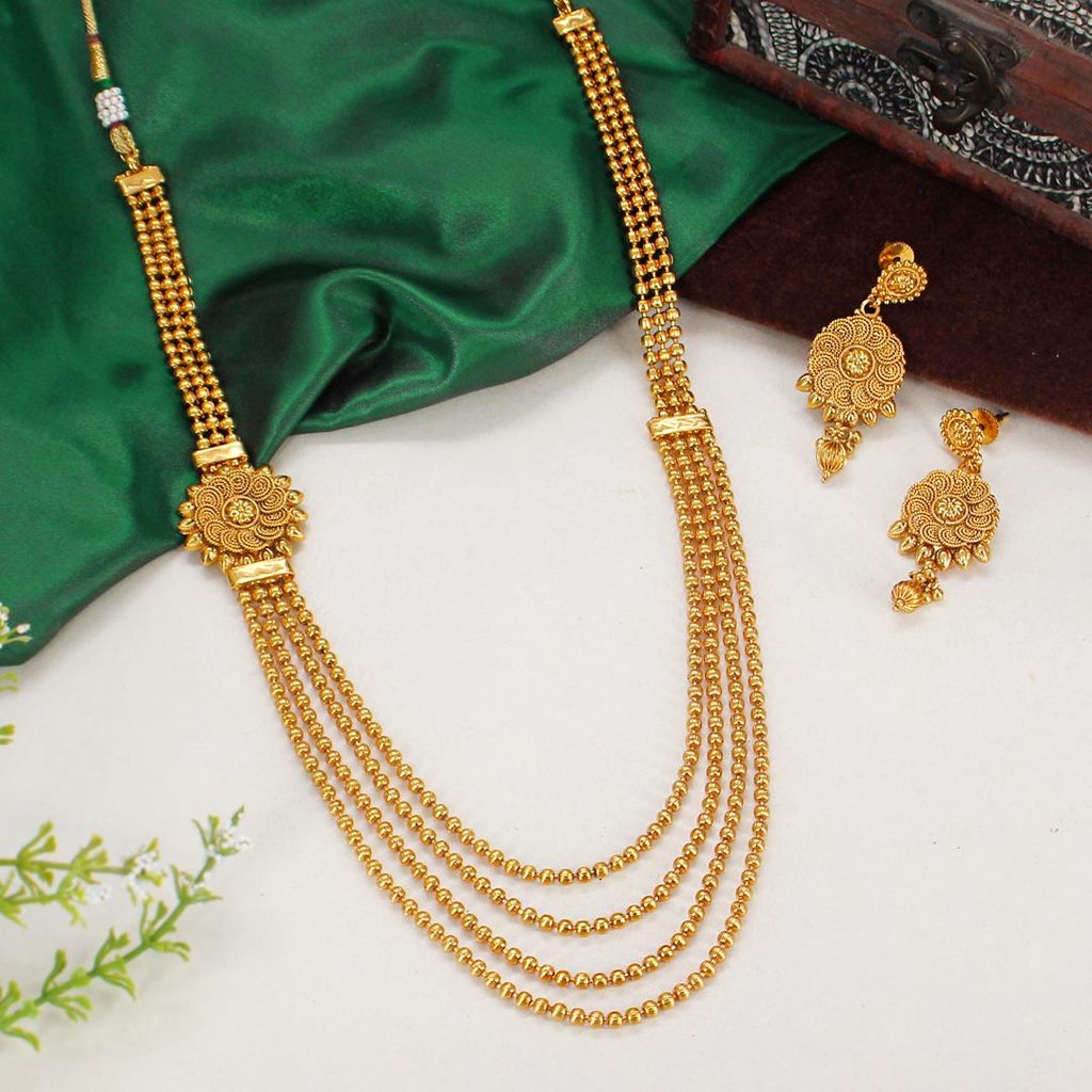 Antique Long Necklace Set in Gold finish - AMN234