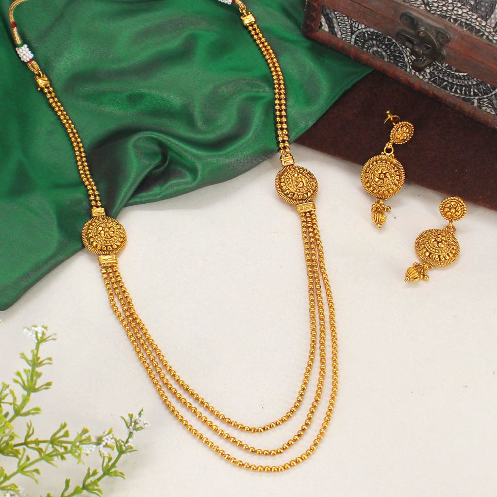 Antique Long Necklace Set in Gold finish - AMN235
