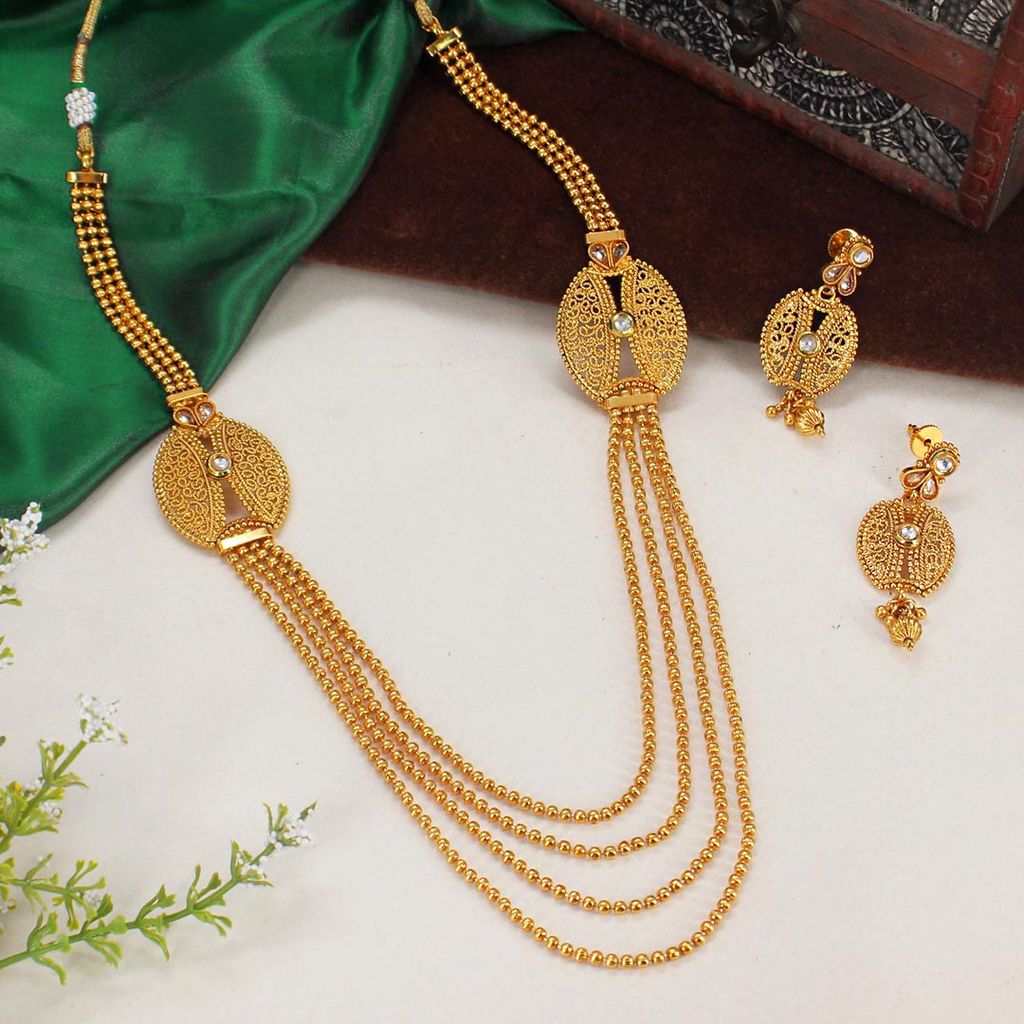 Kundan with Reverse AD Long Necklace Set in Gold finish - AMN252