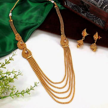 Antique Long Necklace Set in Gold finish - AMN255