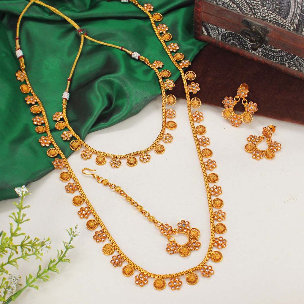 Reverse AD Long Necklace Set in Gold finish - AMN231