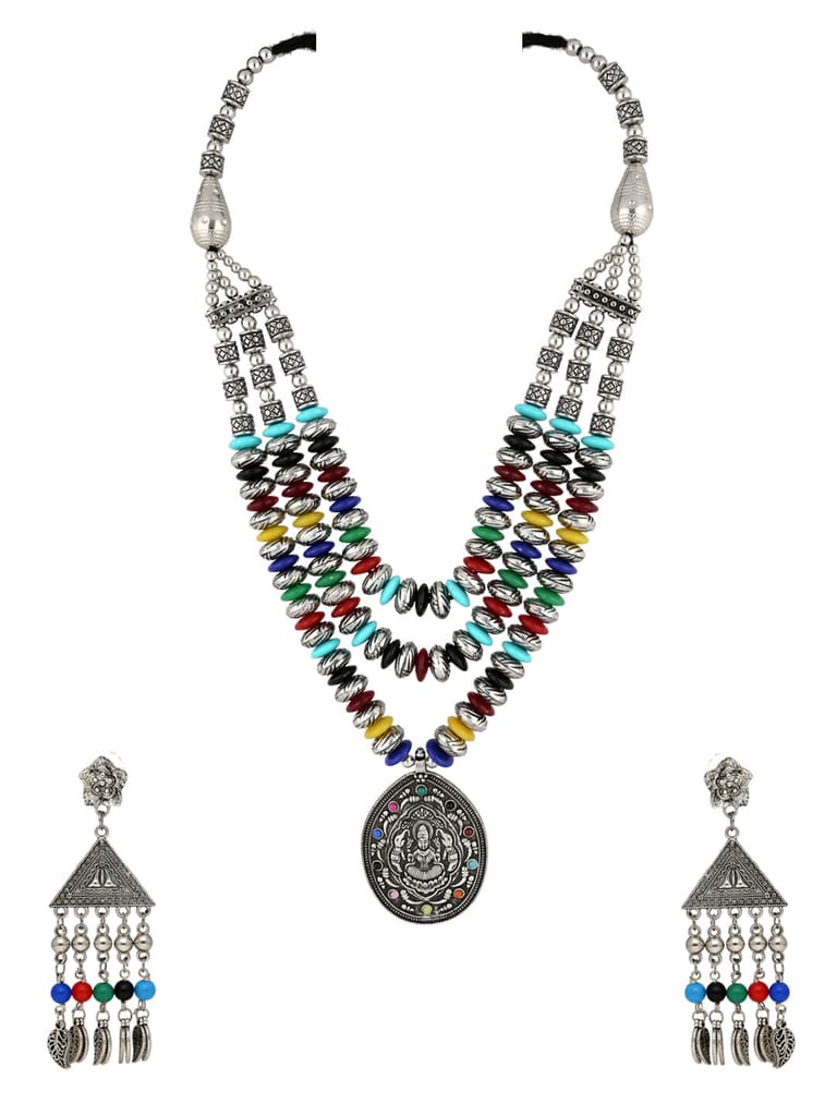 Temple Long Necklace Set in Oxidised Silver finish - CNB31450