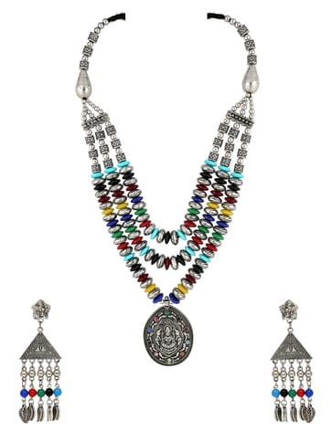 Temple Long Necklace Set in Oxidised Silver finish - CNB31450