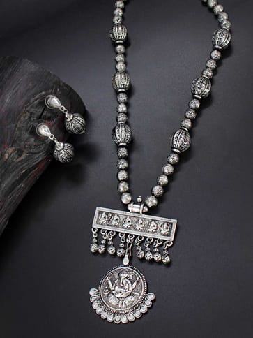 Temple Long Necklace Set in Oxidised Silver finish - CNB31455